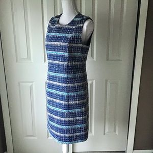 Tory Burch Tweed Sheath Petra Dress Women's Size 8 Blue Ribbon Print Sleeveless
